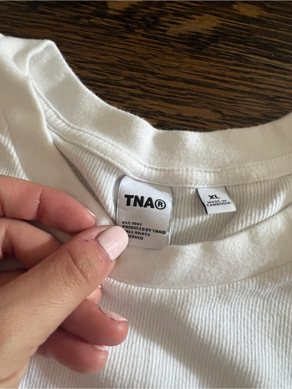 TNA White Ribbed Crew T shirt